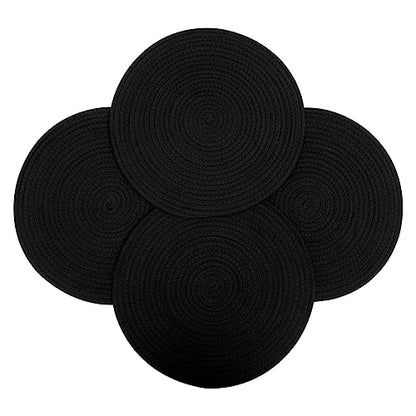 4 Pack Round Woven Placemats,13.8 inch Plate Chargers Black Thick Place Mats Cotton Rope Braided Tablemats Rattan Tablemats Black Weave Placemats for Dining Table - color: Black, size: Round Set of 4