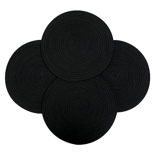 4 Pack Round Woven Placemats,13.8 inch Plate Chargers Black Thick Place Mats Cotton Rope Braided Tablemats Rattan Tablemats Black Weave Placemats for Dining Table - color: Black, size: Round Set of 4