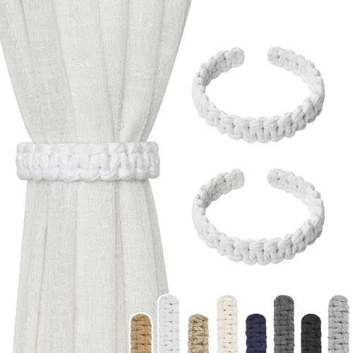 NICEEC 2 Pack Natural Cotton Rope Curtain Tiebacks Farmhouse Rustic Style Decorative Drape Tie Backs Handmade Braided Curtain Holdbacks for Home & Office Sheer/Light Weight Drapery (C-White-S) - color: White-small, size: 2 Pack