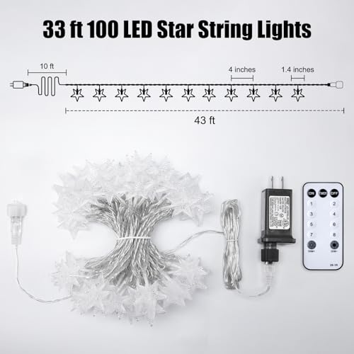 Star String Lights Plug in - 33 ft 100 LED Star Fairy String Lights with Remote and Timer, 8 Modes Waterproof for Bedroom Tent Loft Bed Window Backyard Patio Porch Balcony Staircase Party, White - color: Star - White - 33 FT