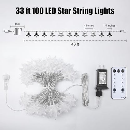 Star String Lights Plug in - 33 ft 100 LED Star Fairy String Lights with Remote and Timer, 8 Modes Waterproof for Bedroom Tent Loft Bed Window Backyard Patio Porch Balcony Staircase Party, White - color: Star - White - 33 FT