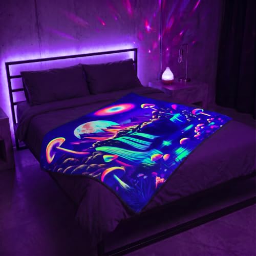 Blacklight Galaxy Mountain Lake Throw Blankets Glow in the Dark Under Black Light Fantasy Lake Planet Throw UV Reactive Mushroom Blanket Throw for Bedroom Dorm Decor 59”x51” - color: Moon Mountain Lake