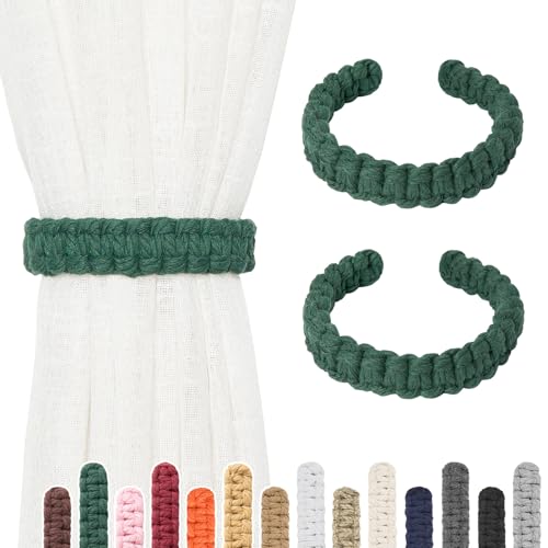 NICEEC 2 Pack Natural Cotton Rope Curtain Tiebacks Farmhouse Rustic Style Decorative Drape Tie Backs Handmade Braided Curtain Holdbacks for Home & Office Sheer/Light Weight Drapery (C-Dark Green-S) - color: Dark Green-small, size: 2 Pack