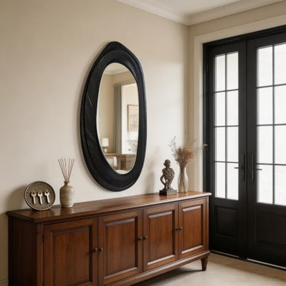 POZINO 55"x24" Large Irregular Wall Mirror, Black Asymmetrical Oval Mirror - size: 55"L x 24"W