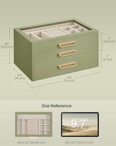 SONGMICS 3-Layer Jewelry Box with Glass Window, 3 Drawers, Golden Handles - color: Sage Green, size: 3-Tier