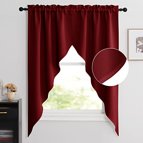 NICETOWN Blackout Kitchen Tier Curtains- Rod Pocket Tailored Scalloped Valance/Swags for Basement (1 Set, 72 inches Wide Combined, 63 inches Long, Burgundy Red) - color: Burgundy Red, size: 36"W x 63"L (Pack of 2)