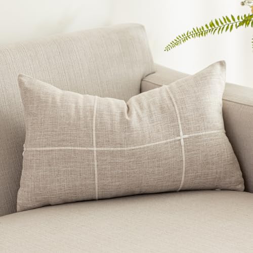 vctops Rustic Lattice Cotton Linen Decorative Throw Pillow Cover Embroidery Lumbar Cushion Cover Pillowcase for Sofa Bedroom Couch (Plaid Coffee,12"x20") - color: Plaid Coffee, size: 12" x 20" (Pack of 1)
