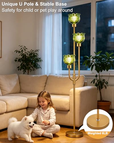3-Light Glass Floor Lamp 66IN Modern Green Glass Gold Dimmable Floor Lamps - color: Green Tulip-Gold