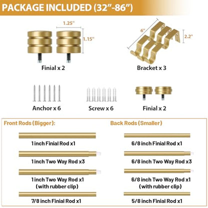 TONIAL 1 Inch Double Curtain Rods for Windows 48 to 84 Inch, Gold - color: Gold, size: 32-86”