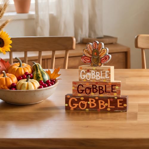 Smile Thanksgiving Wooden Block Signs, Gobble Turkey Decorations - style: Turkey
