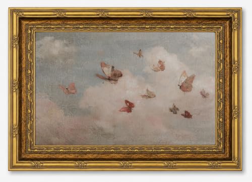 Vintage Gold Framed Canvas Wall Art 12×16 Inch Butterfly Cloud Picture Poster Pastel Wall Decor for Living Room Bedroom Farmhouse Indoor Home Decoration - color: Butterfly, size: 16"L x 12"W