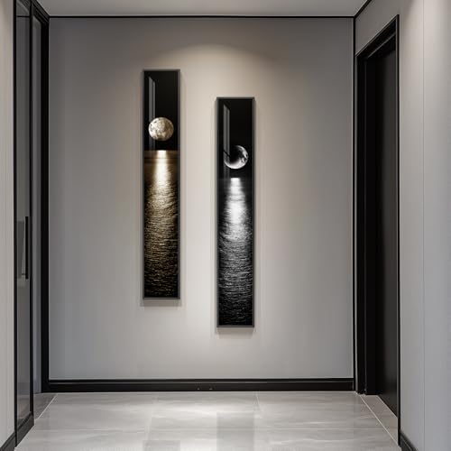 Framed Vertical Black White Gold Moon Landscape Wall Art Decor, 2 Pieces - color: Black and White, size: 8"W x 56"H x 2Pcs