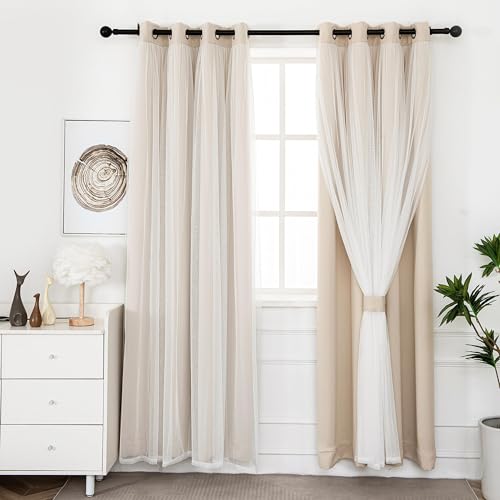 INLINAS Blackout Curtains with Sheer Overlay, Beige, 52x72 Inches - color: Beige, size: 52"W x 72"L (Pack of 2)