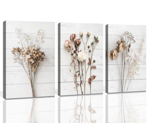 Modern Farmhouse Wall Decor Dried Wildflower Neutral Canvas Print Still Life Wall Art for Bedroom Aesthetic Rustic Floral Wall Art for Living Room Wall Decoration Stretched Set of 3 Pieces 16x24inches - color: Brown/ White, size: 16x24inchx3