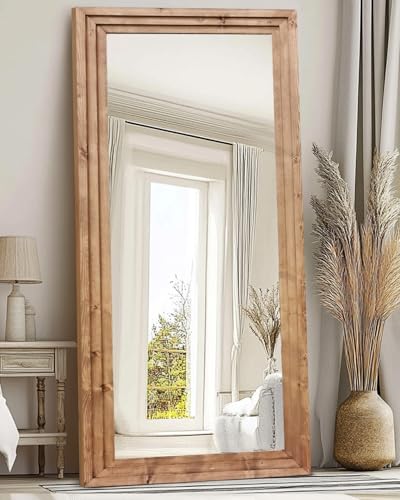 76x34in Full Length Mirror, 3-Tier Stepped Solid Wood Frame - color: Light Brown, size: 76"L x 34"W
