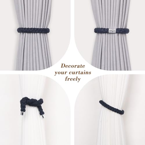 NICEEC 2 Pack Natural Cotton Rope Magnetic Curtain Tiebacks Elegant Twisted Braid Style Drape Tie Backs Soft Hand-Woven Rope Curtain Holdbacks for Home & Office Window Draperies (Dark Blue-01) - color: Dark Blue-01, size: 2 Pack