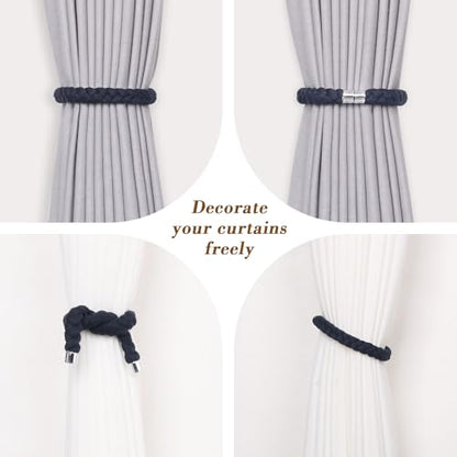 NICEEC 2 Pack Natural Cotton Rope Magnetic Curtain Tiebacks Elegant Twisted Braid Style Drape Tie Backs Soft Hand-Woven Rope Curtain Holdbacks for Home & Office Window Draperies (Dark Blue-01) - color: Dark Blue-01, size: 2 Pack