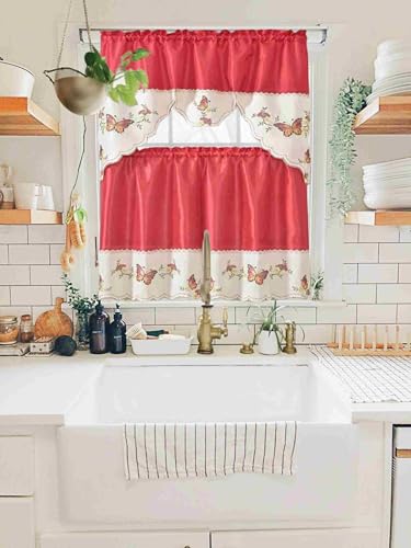 Generic 3-Piece Set Embroidered Window Curtain 2 Panels 1 Valance for Kitchen Restaurant Bar BR (Red BR-29) - color: Red Br-29
