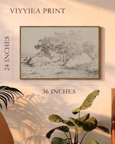 VIYYIEA Large Framed Canvas Wall Art, 24x36 Inch Vintage Landscape Sketch, Neutral Antique Nature Wall Decor for Living Room or Bedroom, Serene and Timeless Artwork - color: Swaying Tree Shadows, size: 36"L x 24"W