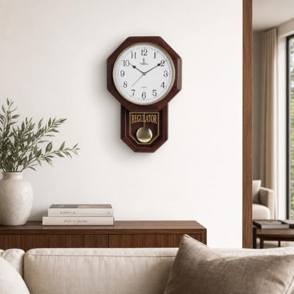 Pendulum Wall Clock, Real Wood Regulator Clock, Quiet, Non-Chiming, Wooden - color: Dark Wood