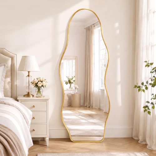 Irregular Wall Mirror Full Length with Stand, 63" x 24" Gold Asymmetrical Wavy Floor Mirror, Full Body Standing Mirror, Leaning or Wall Mounted for Bedroom, Living Room & Entryway - color: Gold - Squiggle