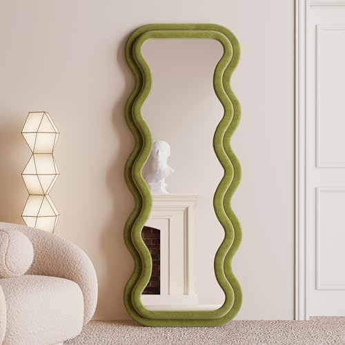 BOJOY Full Length Mirror 63"x24", Irregular Wavy Mirror, Arched Floor Mirror, Wall Mirror Standing Hanging or Leaning Against Wall for Bedroom, Flannel Wrapped Wooden Frame Mirror -Green - color: Green