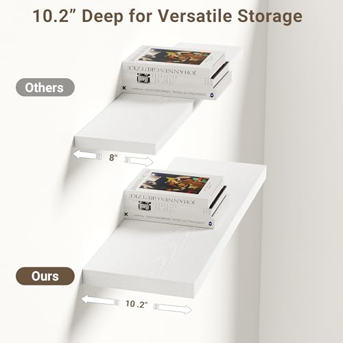 Vivelove 10" Deep Floating Shelves, 24”Wide Set of 2, White - color: White, size: 23.6”wx10.2”dx1.5”h