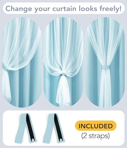 100% Blackout Curtains with Sheer Overlay, Blue, 52 x 84 inch, 2 Panels - color: Light Blue, size: 52"W x 84"L (Pack of 2)