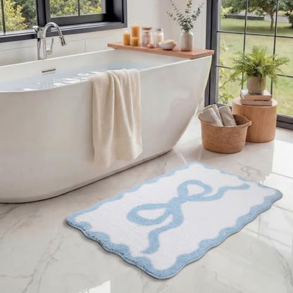 Tinideya Blue Bow Bathroom Rug 36" x 24" Scalloped Bow Bath Mat - color: Blue, size: 36" x 24" (Rectangular)