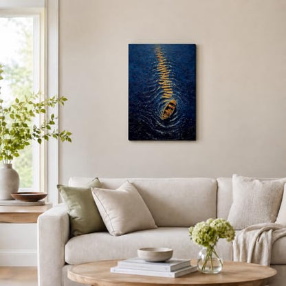 Canvas Wall Art Night Ocean Framed Style Golden Boat Reflection 16x24 Inch - color: A quiet little boat, size: 24"L x 16"W