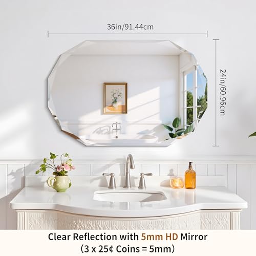 GLASHOM Frameless Oval Bathroom Mirror, 24x36 inch Beveled Wall Mirror - size: 24"L x 36"W