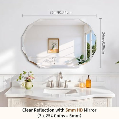 GLASHOM Frameless Oval Bathroom Mirror, 24x36 inch Beveled Wall Mirror - size: 24"L x 36"W