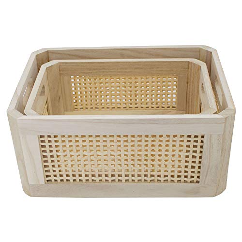 Rattan Woven Wooden Storage Basket Set of 2, Round‑corner Rectangular - size: Rectangle A - 2-Piece Set (Large & Small)