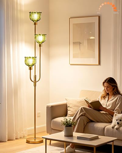 3-Light Glass Floor Lamp 66IN Modern Green Glass Gold Dimmable Floor Lamps - color: Green Tulip-Gold