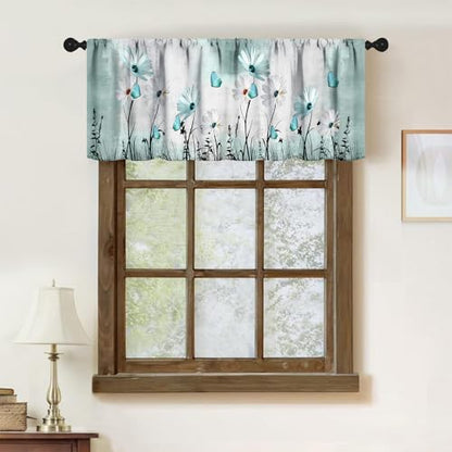 Flower Daisy Window Valance for Kitchen,Rustic Retro Blue Teal Floral Farmhouse Spring Butterfly Plant Farm Window Treatment for Bedroom Living Room 1 Piece,54x18 Inch - color: Daisy-3