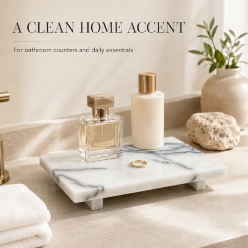 White Marble Pedestal Tray, 9.84-Inch Organizer for Vanity and Bathroom - color: Snow Plum Marble-9.84 in
