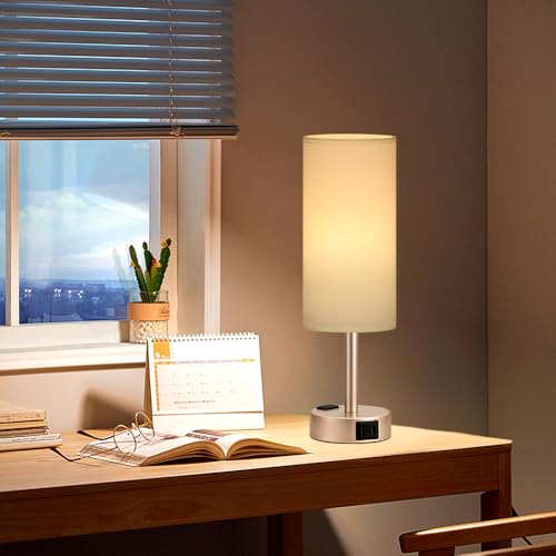 Antique White Bedside Table Lamp, Dimmable Touch Lamp, USB A+C, AC Outlet - color: White - Antique White, size: 14"