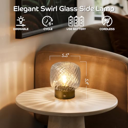 LUSHARBOR Battery Operated Table Lamp with Timer, Stepless Dimming Small Bedside Lamp Battery Powered Cordless Lamp for Home Decor Entryway/Living Room/Coffee Table/Shelf Transparent - color: Spiral-Hazy white