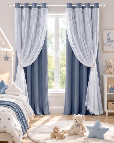 PONY DANCE Dusty Blue Blackout Curtains with White Sheer for Girls Bedroom - color: Blue Haze, size: 52"W x 72"L (Pack of 2)