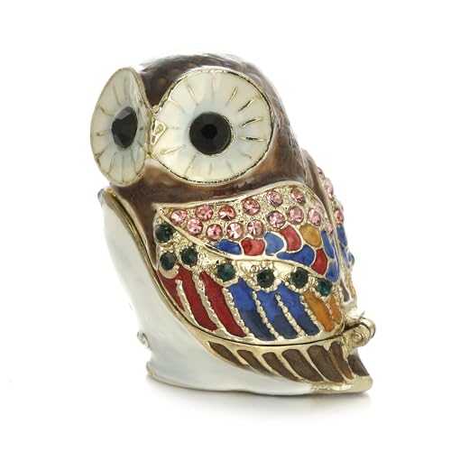 Hand Painted Enamel Owl Trinket Box, Hinged Unique Mini Ring Necklace Jewelry Organizer, Classical Bejeweled Storage, Figurine Collectible Keepsake Home Decor (Mini Owl) - color: Wise Owl