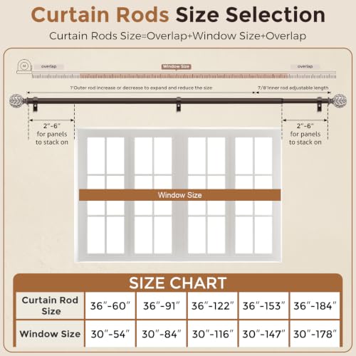 Curtain Rod 36-60 Inch, Boho Wood 1 Inch Curtain Rods for Windows - color: Walnut Wood, size: 36''-60'' (1 Pack)