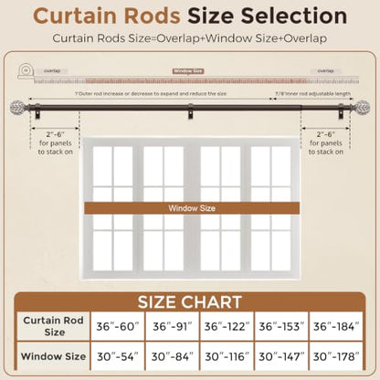 Curtain Rod 36-60 Inch, Boho Wood 1 Inch Curtain Rods for Windows - color: Walnut Wood, size: 36''-60'' (1 Pack)