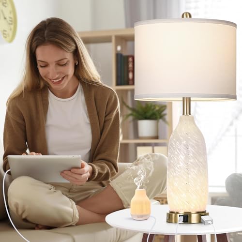 Rinweey 26" Modern Clear Glass Table Lamps Set of 2,Nightstand Lamp with USB A+C Ports & AC Outlet,Bedside Lamps with 3-Way Dimmable Touch Control Night Light for Bedroom Living Room(Bulbs Included) - color: White