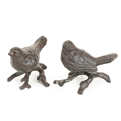 Sungmor Cast Iron Small Bird with Branch Statues, 2 Pack Rust Brown - color: Brown & Birds
