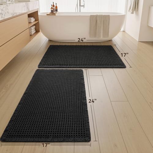 Upgraded Waffle Bath Mat Set of 2 Absorbent Non Slip Bathroom Mat 17" x 24" - color: Black, size: 17" x 24" ( 2 PCS )