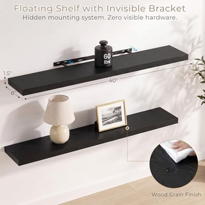 Vivelove Black Floating Shelves for Wall 40 Inch 8 Deep, Set of 2 - color: Black, size: 40"Wx8"Dx1.4"H