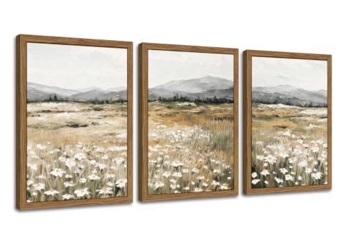3Pcs Framed Neutral Wildflower Landscape Canvas Wall Art, Vintage Beige Nature Wall Decor Pictures, Rustic Farmhouse Floral Meadow Paintings Prints for Living Room Bedroom Office 24x16 Inch - color: White Wildflower, size: 24"L x 16"W