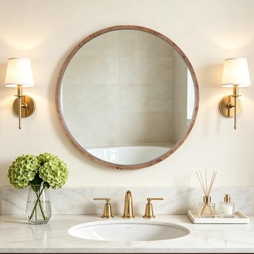 WallBeyond 28 Inch Round Wood Mirror, Burlwood Grain Wood Frame Circle Mirror, Versatile Wall Decor for Bathroom Vanity, Living Room, Bedroom and Entryway, Natural - color: Natural 1, size: 28"L x 28"W
