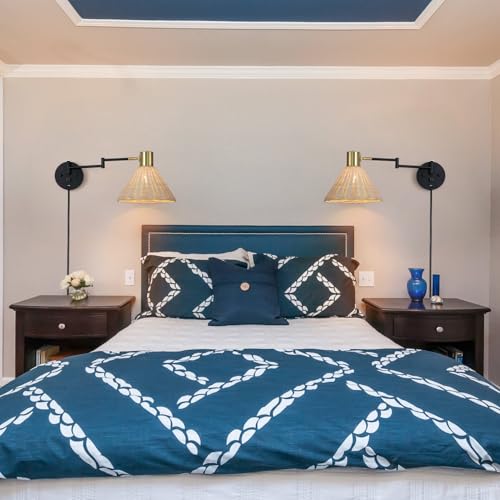 Plug in Rattan Wall Sconce Swing Arm Wall Lamp, Black - color: Black+Rattan Shade