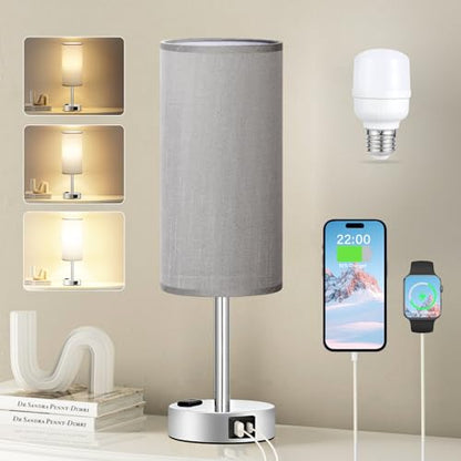 Fenmzee Grey Bedside Lamp for Bedroom, Dimmable Touch, USB A+C, AC Outlet - color: Grey - Silver, size: 14"